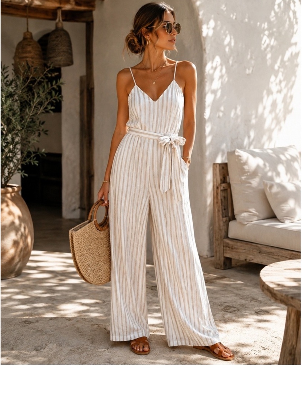 Abercrombie & Fitch Women’s Striped V-Neck Wide-Leg Jumpsuit - Cream NEW NWT Sm